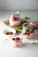 Raspberry trifle with fresh mint