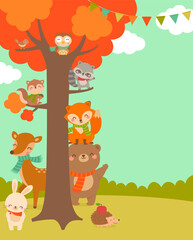 Cute woodland cartoon animals and big tree illustration with copy space for kids party invitation card template.
