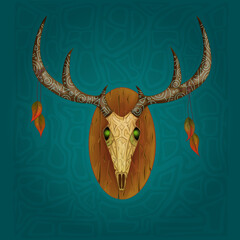 deer skull on a wooden board. ethnic ornament and leaves. burning eyes