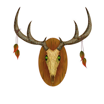 deer skull on a wooden board. horns and leaves. ethnic ornament