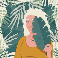 girl in white hair. palm leaf in hand. Covers the face and eyes with a leaf.