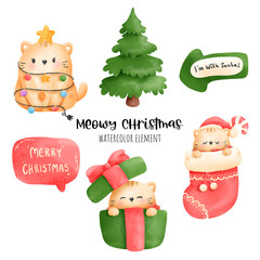 Digital painting watercolor meowy Christmas element. Christmas cat vector.