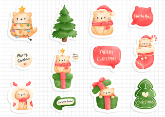 Obraz na płótnie Canvas Cat Christmas sticker, planner and scrapbook.