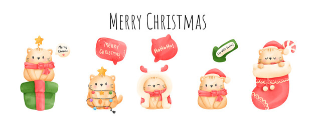 Fototapeta premium Digital painting watercolor meowy Christmas card. Christmas cat vector.