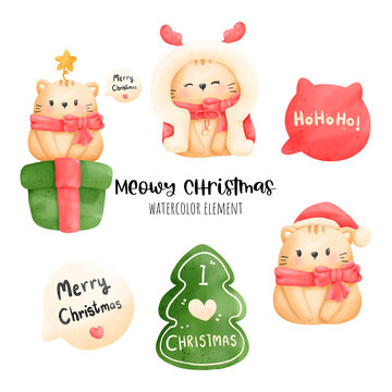 Digital painting watercolor meowy Christmas element. Christmas cat vector.