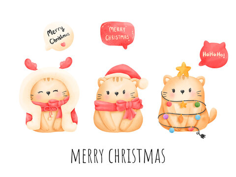 Digital painting watercolor meowy Christmas card. Christmas cat vector.