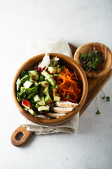 Healthy Buddha bowl with chicken and avocado