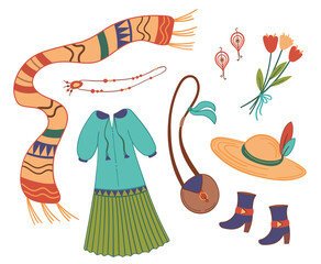 Vector illustration set boho outfits woman clothes.