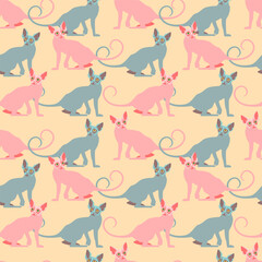 Seamless pattern with the image of bald cats of the Sphinx breed. Design for textile and wallpaper decoration.