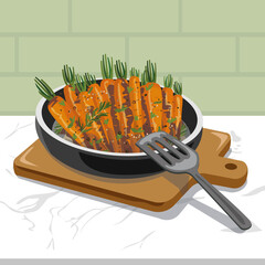 carrots in a skillet on a marble countertop. Cooking. carrot dish. cooking
