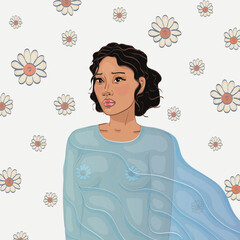 brunette in a transparent tunic. flowers on the background