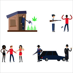 Colored and isolated ghetto slum flat icon set with people living in in bad conditions vector illustration