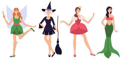 Halloween party characters in costumes set vector illustration. Cartoon fairy, witch, princess and mermaid standing together isolated on white background.