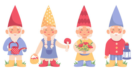 Set of garden gnomes or dwarfs holding watering can, mushrooms, flowers, lantern. Fairy tale fantastic characters on white background.