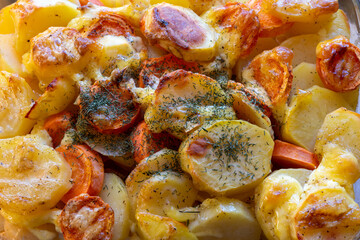 Homemade baked potatoes with fried crust, carrots, onions, spices, herbs close-up, top view. Dietary natural food