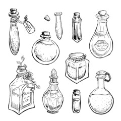 set of alchemical bottles isolated on a white background