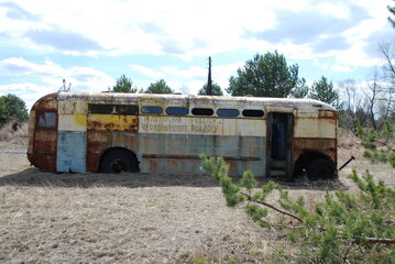 Vehicle cemetery in Prypiat, metal bus side view, Chernobyl Nuclear Power Plant (ChNPP), Tchernobyl, Pripiat, Ukraine, 2007