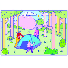 group people together install tent male character hiking camping outdoor mounting woodland line illustration art
