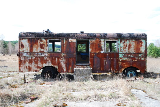Urbex, vehicle cemetery in Prypiat, metal bus side view, Chernobyl Nuclear Power Plant (ChNPP), Tchernobyl, Pripiat, Ukraine, 2007