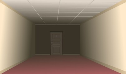 Hallway house. Empty hallway in the building. One door at the dark end of the room. Light interior. Illustration cartoon style flat design. Vector