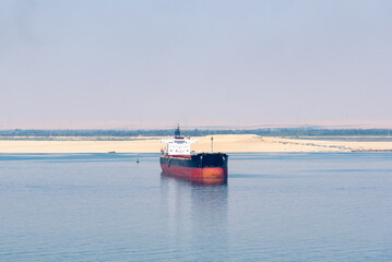 Bulk Carrier ship anchored at Great Bitter Lake during her Suez Canal transit.  