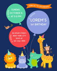 Cute wildlife cartoon animals with big balloons for kids party invitation card template.