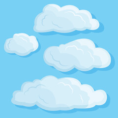 Set of cartoon clouds. Vector white clouds isolated on blue sky.