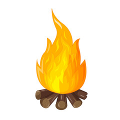 artoon flames with the bright core. Vector illustration of flame and wood isolated on white background.