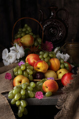Still life with fruit and vintage jug in retro style