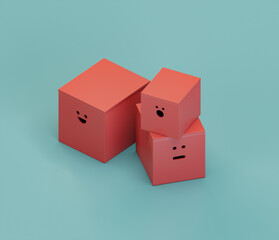 Sitting boxes with faces. Isometric red color playground object for physical and mental development of children. Monochrome single color, 3d rendering
