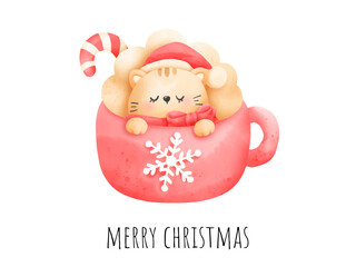 Digital painting watercolor meowy Christmas element. Christmas cat vector.