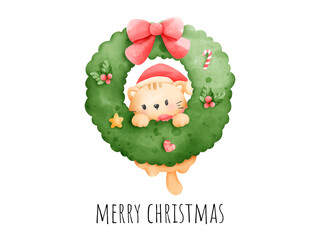 Digital painting watercolor meowy Christmas element. Christmas cat vector.