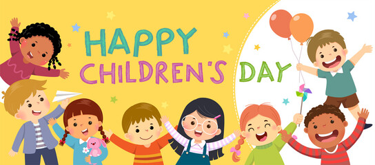 Vector horizontal banners World Children’s day on yellow background. - 464480210