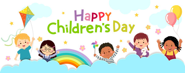 Vector horizontal banners World Children’s day with happy kids on the cloud.