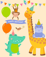 Cute wildlife cartoon animals with for kids birthday greeting card.