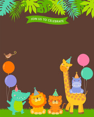 Cute jungle animals cartoon illustration with copy space for kids party invitation card template.