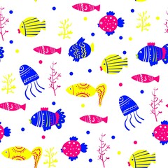 Seamless pattern of the fishes. doodle set