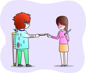 the man take the knife to woman to keep it 