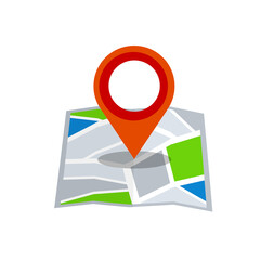 Pin on the city and street map. Navigation icon and route search. Tourism and travel. Flat Paper map