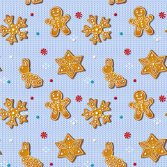 Christmas seamless pattern with gingerbread cookies on blue knitted background. Xmas homemade biscuits in shape of rabbit and gingerbread man, snowflake and star. Vector illustration