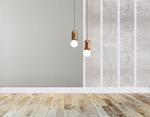 Fototapeta na wymiar empty interior design with wooden floor and decorative stone wall. 3D illustration