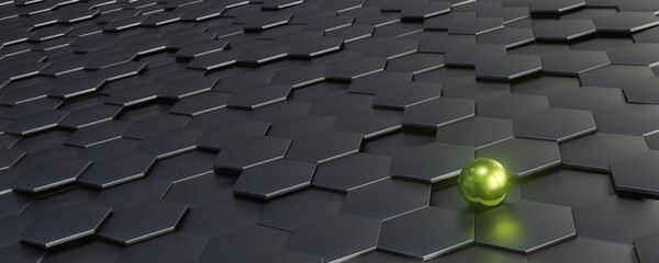 black hexagon tiles and a green ball background