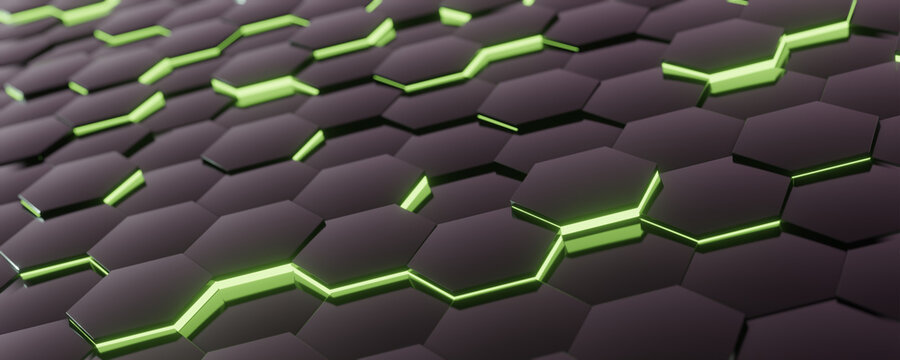 Black hexagon tiles green glowing background