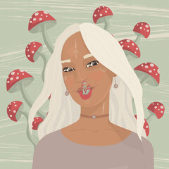 girl with white hair and mushrooms. fly agarics. protruding tongue. many pupils
