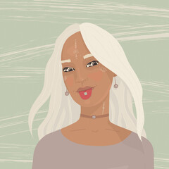 abstract girl with white hair and sticking out tongue. psychedelics. brand. many pupils.
