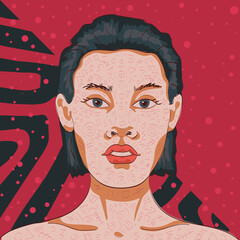 the face of a girl with slicked back hair. red background with ornament