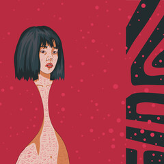 Abstract illustration of a girl. Wild hair. red background in asian style