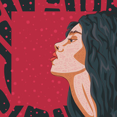 Brunette girl profile. red background in asian style
