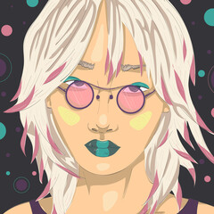 abstract face of a girl in small round pink glasses.