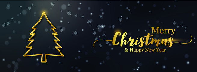 Fototapeta na wymiar Christmas banner. Background Xmas design of snowflake, Christmas tree gold ornament Horizontal Christmas poster, greeting cards, headers, website